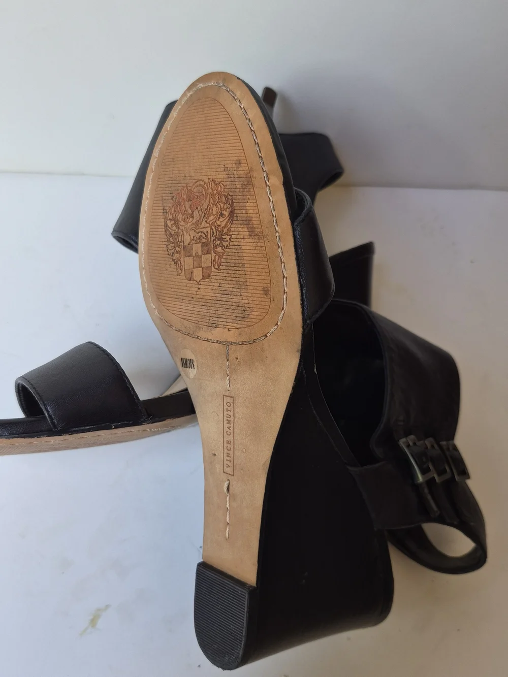 Vince Camuto Black Leather Triple-Buckle Wedge Sandals